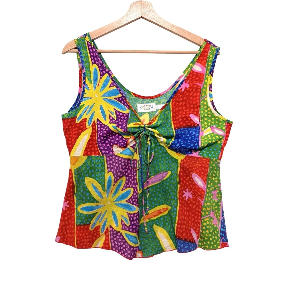 Jams World Tank Top Shirt Tie Front Women's Medium Abstract Floral 100% Rayon